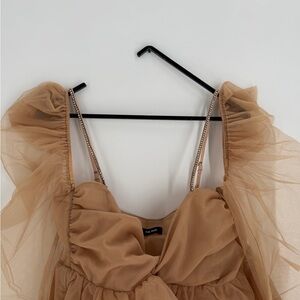 The Bar Jules Crystal Embellished Sheer Puff Sleeve Babydoll Top In Nude
